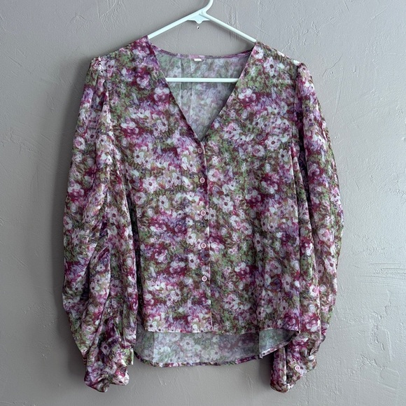 Tops - Floral Button-up Blouse - Pink and Green with Puff Sleeves, Size Large